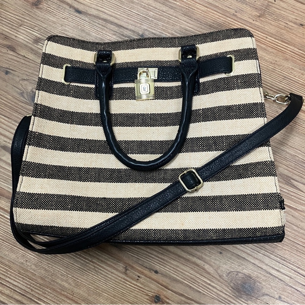 Striped Canvas Faux Leather Satchel Purse Adjustable Strap Double Handles Pocket - Picture 2 of 13
